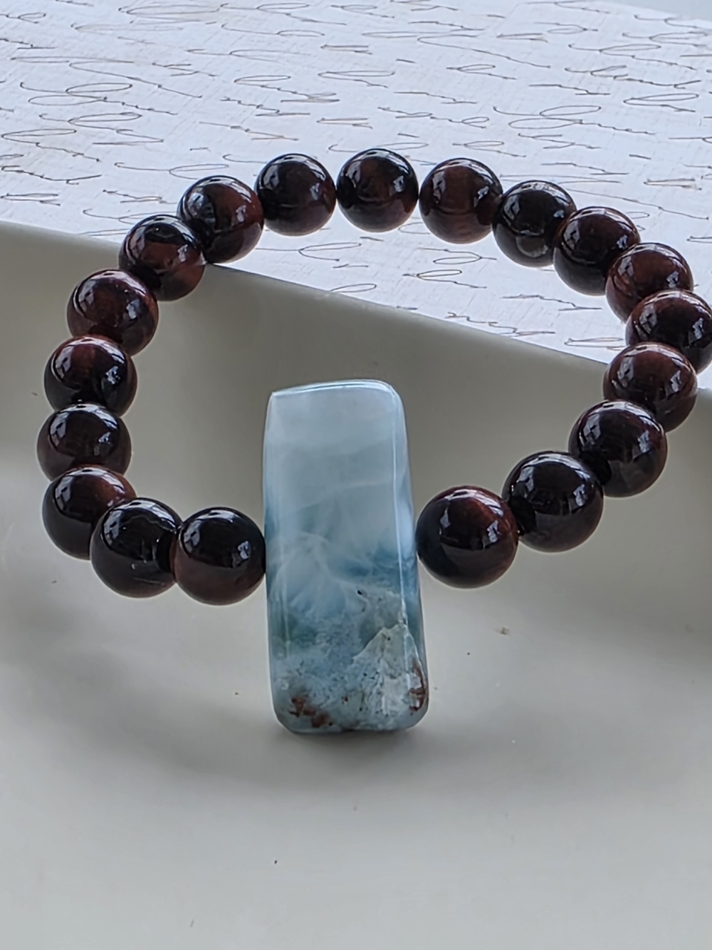 Handcrafted Larimar & Dark Red Bead Stretch Bracelet